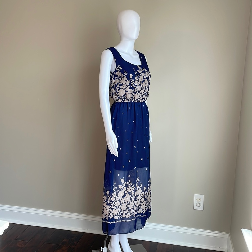 Navy Blue Shoulder-less Lightweight Floral Maxi Dress